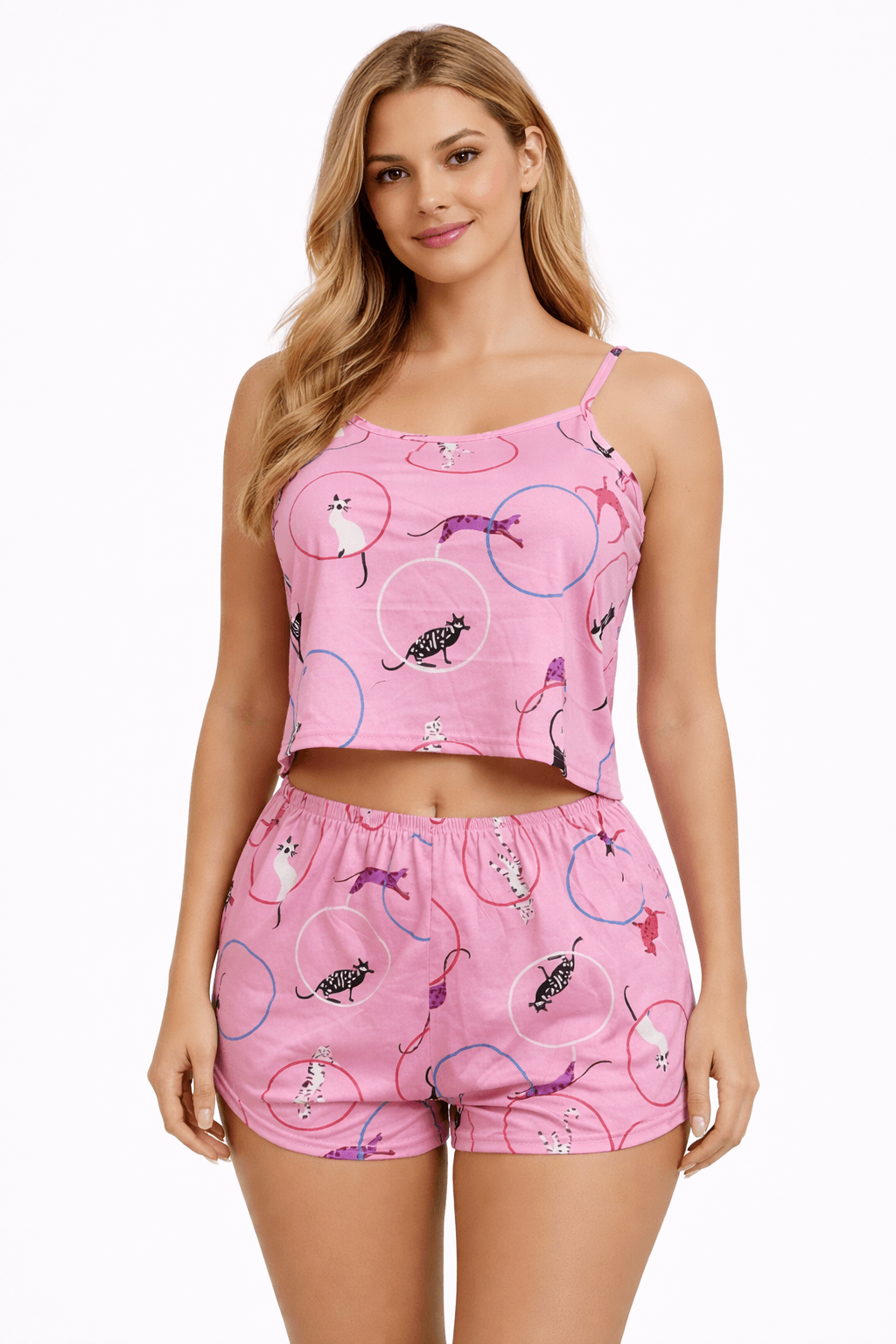PIJAMA CORTA ESTAMPADO DE GATO TRAPECISTA